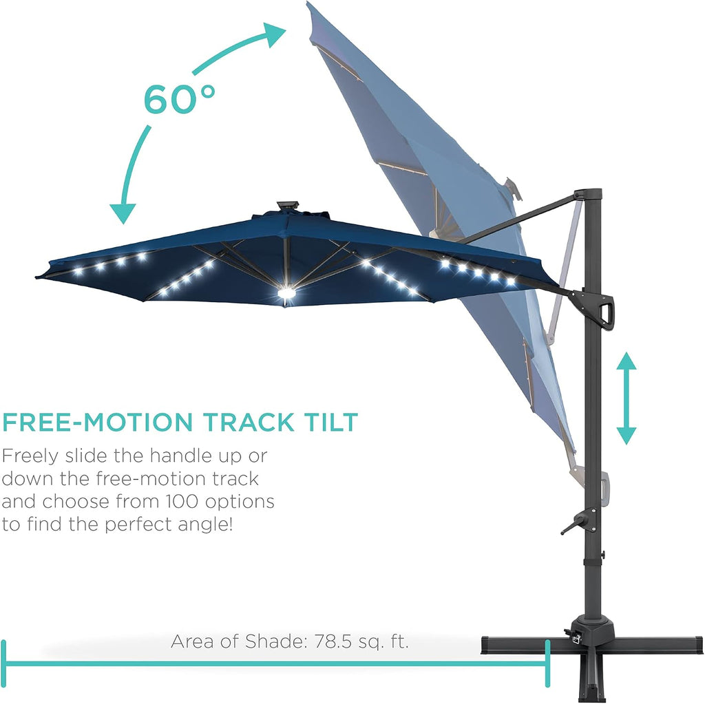 10ft Solar LED Cantilever Patio Umbrella, 360-Degree Rotation Hanging Offset Market Outdoor Sun Shade w/Lights - Navy Bl
