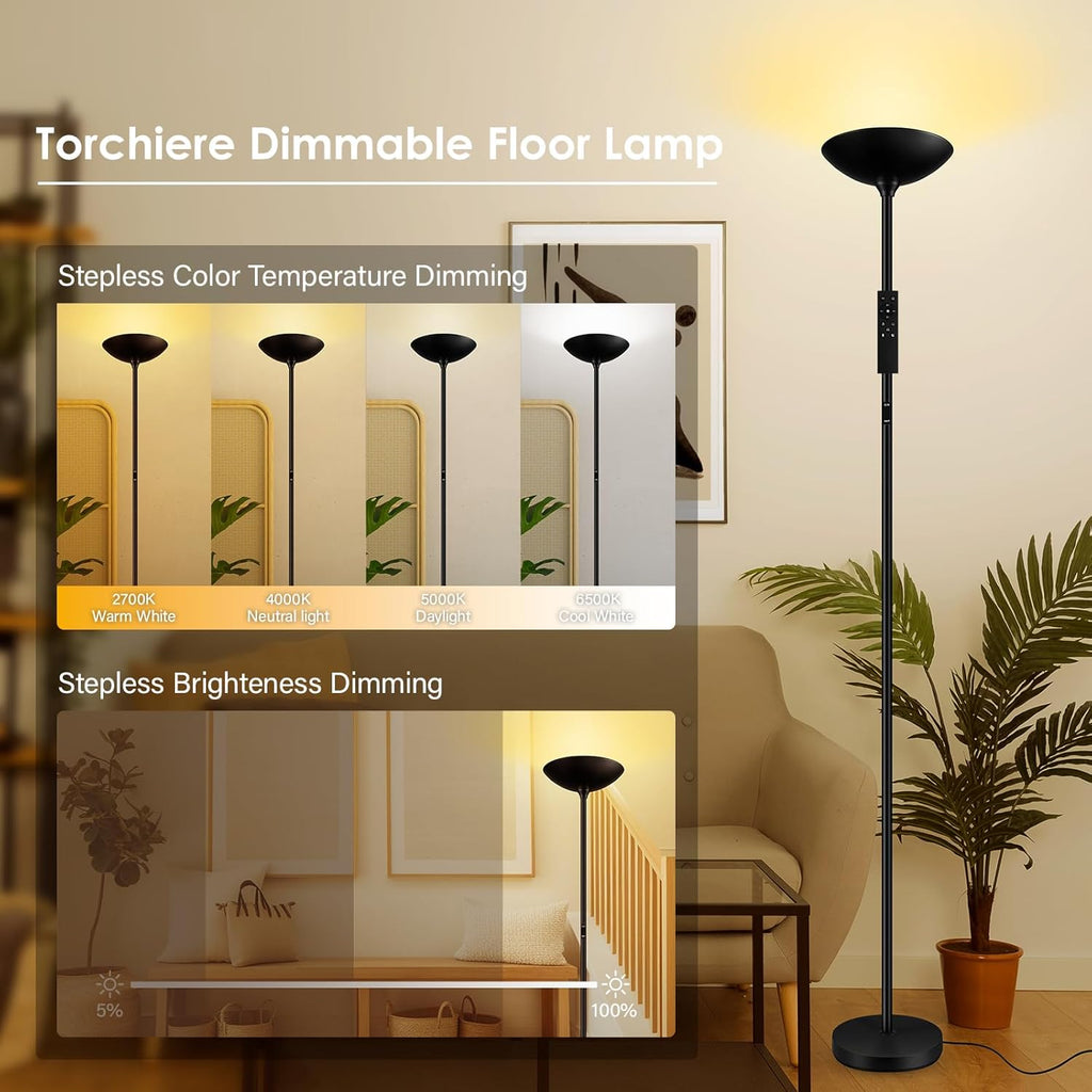 Stepless Dimmable Floor Lamp,30W 3000LM Super Bright LED Torchiere Floor Lamps with Remote & Touch Control