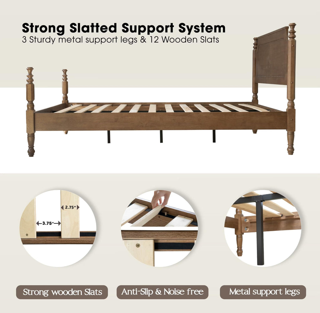 Solid Wood King Size Bed Frame with Headboard & Footboard, Platform Bed, Central Metal Legs, 12 Sturdy Slats, Under