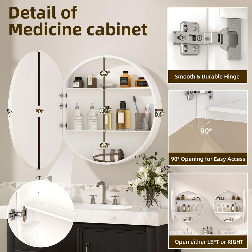 30 x 30 Inch Round White Mirror Medicine Cabinet Surface Mounted, Circular Modern Bathroom Medicine Cabinet with