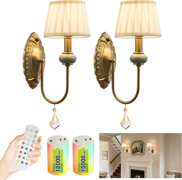 Wireless Battery Operated Antique Brass Wall Sconces Set of 2, 10000mAh Rechargeable Gold Crystal Vintage Fabric