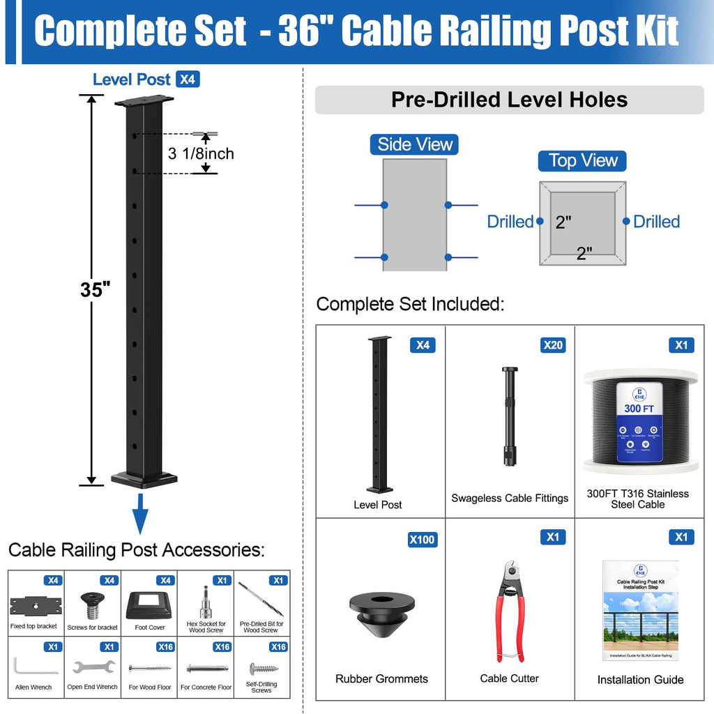 15ft-20ft Complete Set 36" Cable Railing Post Kit, 4Pack Black Level Drilled Line Posts(35"x2"x2"), Swageless Deck