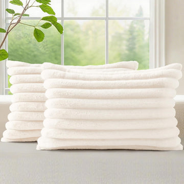 Summer Cozy Faux Fur Throw Pillow Covers 12x20 Set of 2 Decorative Soft Plush Striped Lumbar Modern Farmhouse Boho