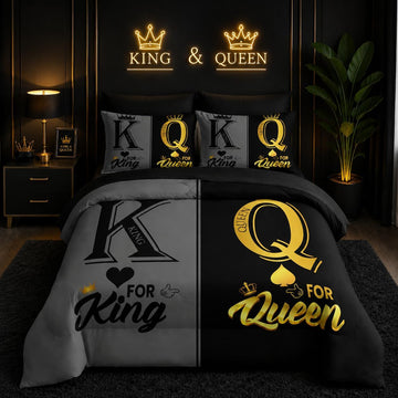 King and Queen Crown Comforter Set Black and Gray Couple Bedding Set,7Pcs Mr Mrs Comforter Set for Adults Couple Men - Set of 7