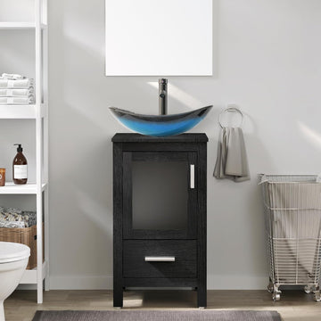 18 Inch Small Bathroom Vanity with Vessel Sink, Modern Freestanding Cabinet with Matte Glass Door, Drawer, Water-Saving Faucet & Pop-Up Drain, Black