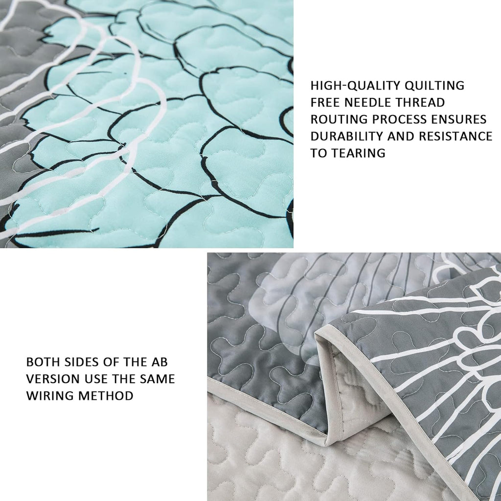 Green Floral Quilt Set - 3 Pieces Boho Flower Quilt Coverlet Elegant Bohemian Bedspread with 2 Pillowcases Soft