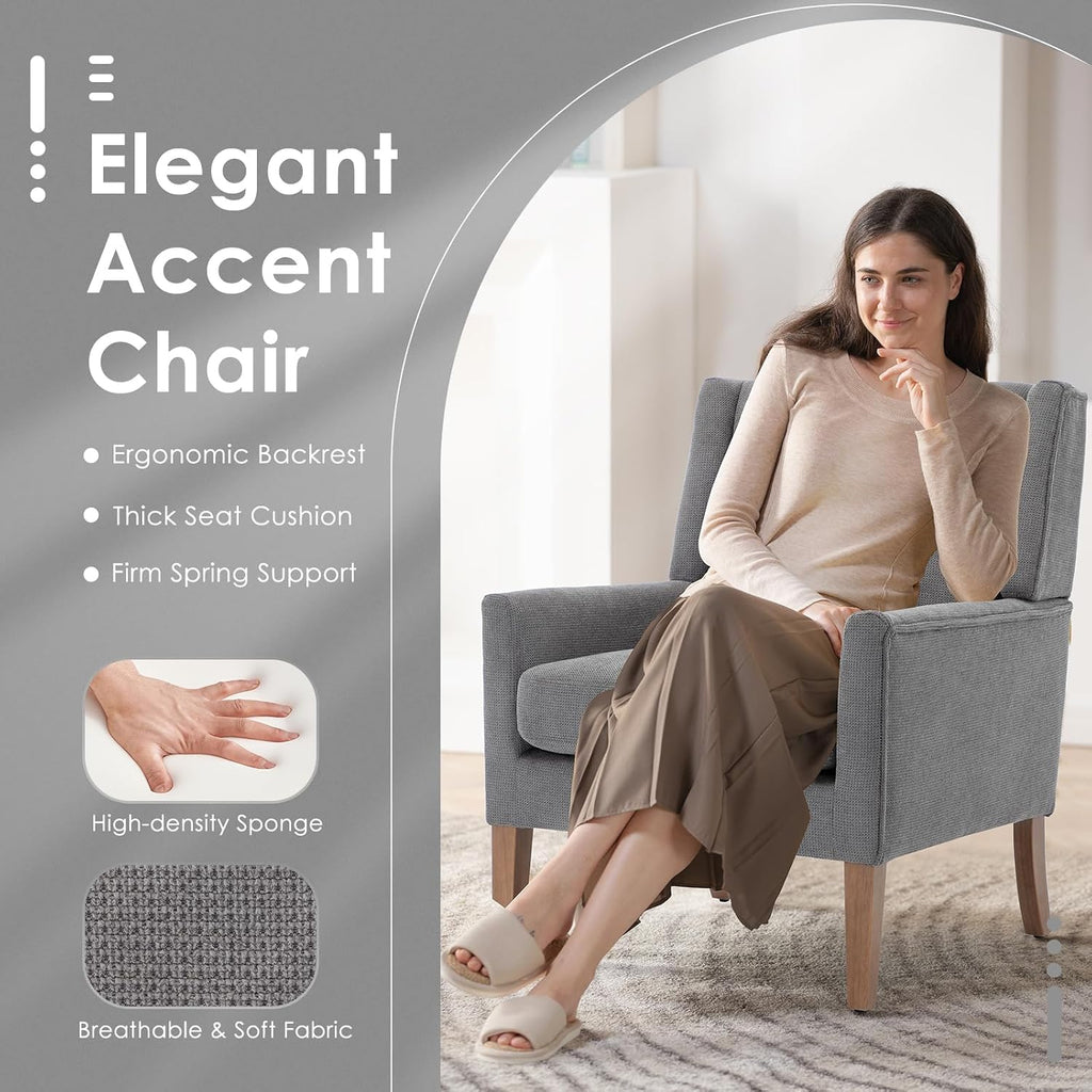 Modern Wingback Living Room Chair, Upholstered Fabric Accent Armchair, Single Sofa Chair with Lounge Seat and Wood