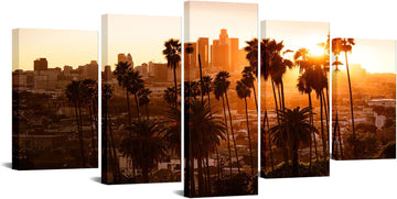 5 Panel Los Angeles Wall Art Beautiful Sunset Through the Palm Tree LA Skyline Canvas Print California Home Decor