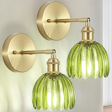 Hardwired Wall Sconces Set of Two, Vintage Wall Lights with Green Tulip Glass Lampshade, Gold Wall Lamps for Bedroom