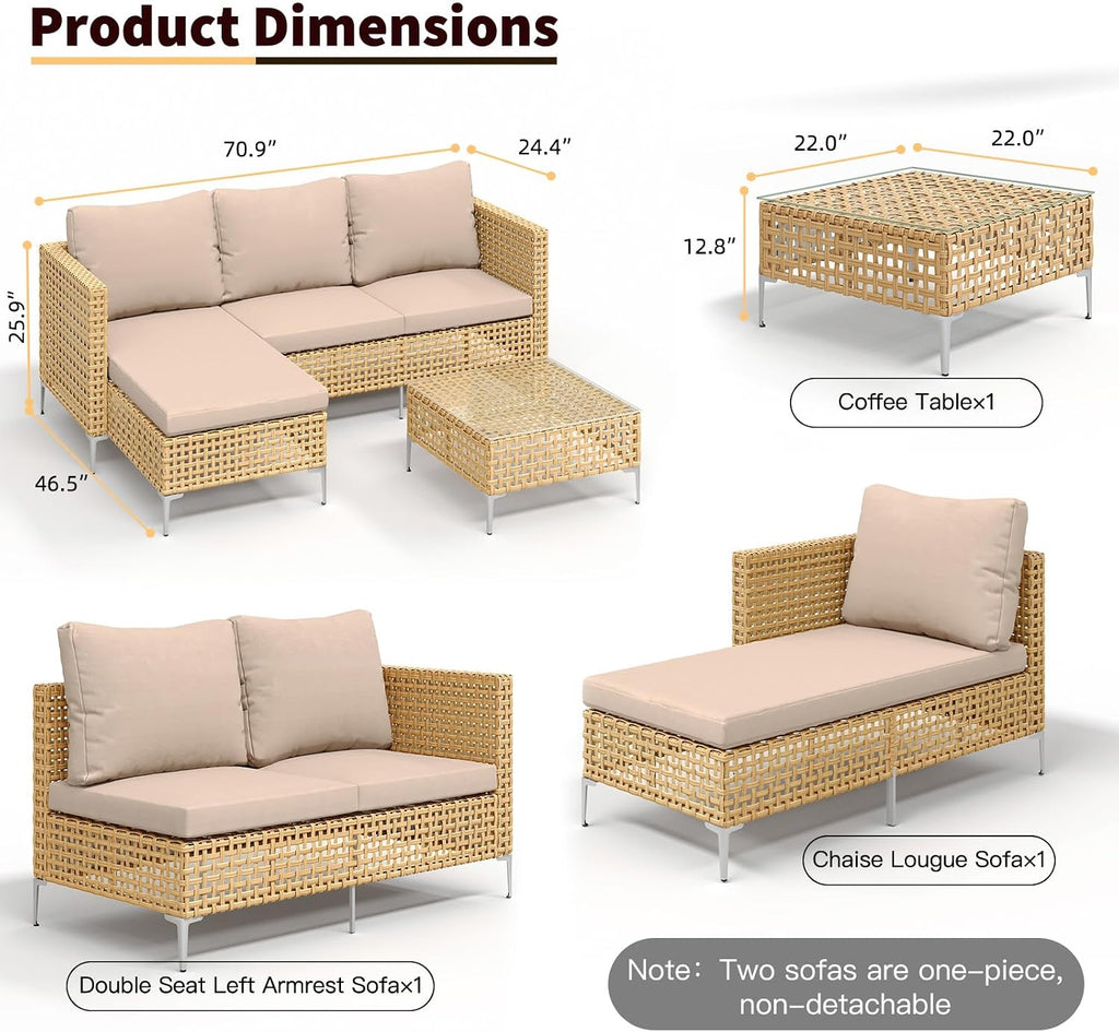 Small L-Shaped Patio Furniture Set - Weather Resistant Wicker Sectional Chaise Sofa with Thick Cushions & Tempered