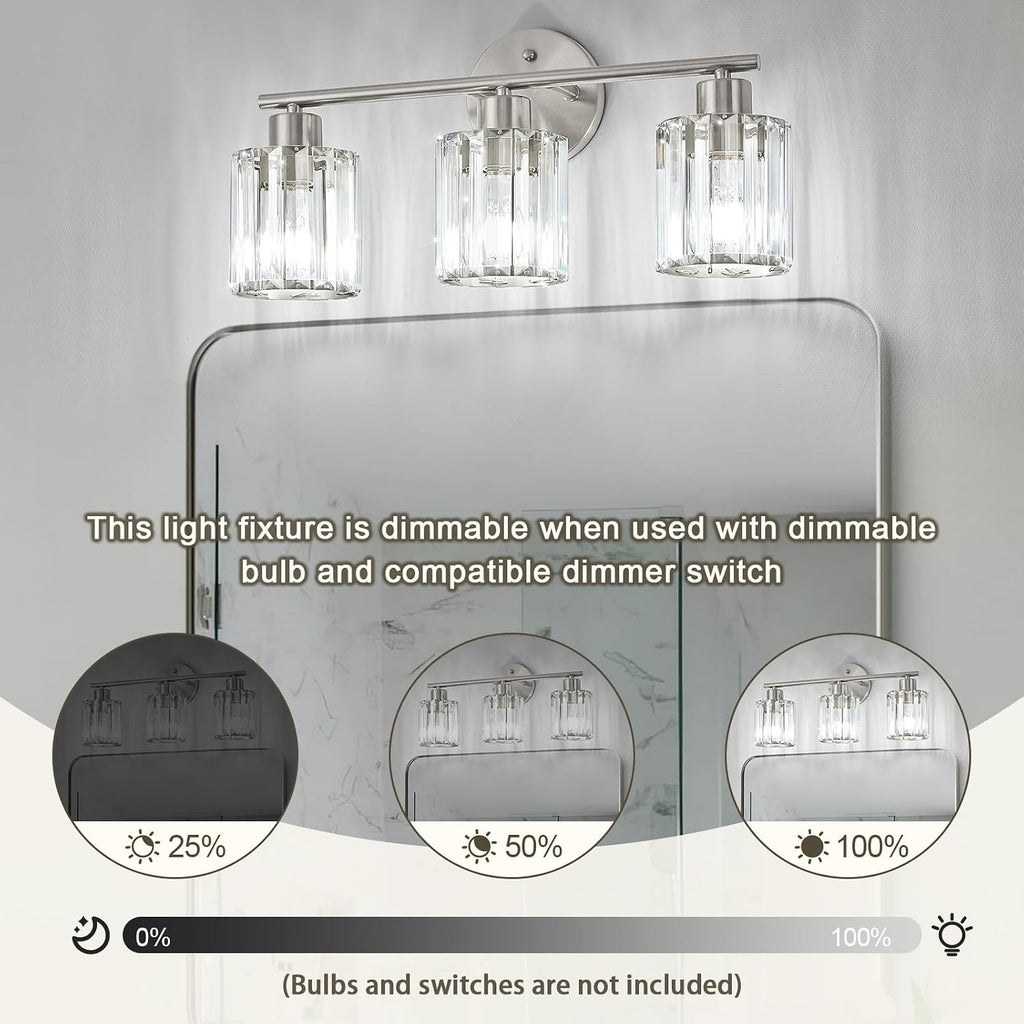 Modern Brushed Nickel Crystal Bathroom Light Fixtures,3-Light | Bathroom Lighting Fixtures over Mirror,Vanity Lights