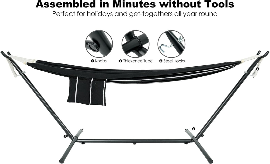 Double Hammock with Stand for Outside, Upgraded Spreader Bar, Heavy Duty Space Saving Steel Stand 2 Person, Side