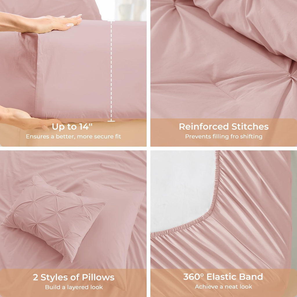Queen Comforter Set, 7-Piece Bed in a Bag, Pintuck Bedding Sets for All Season, Includes Comforter, Flat Sheet