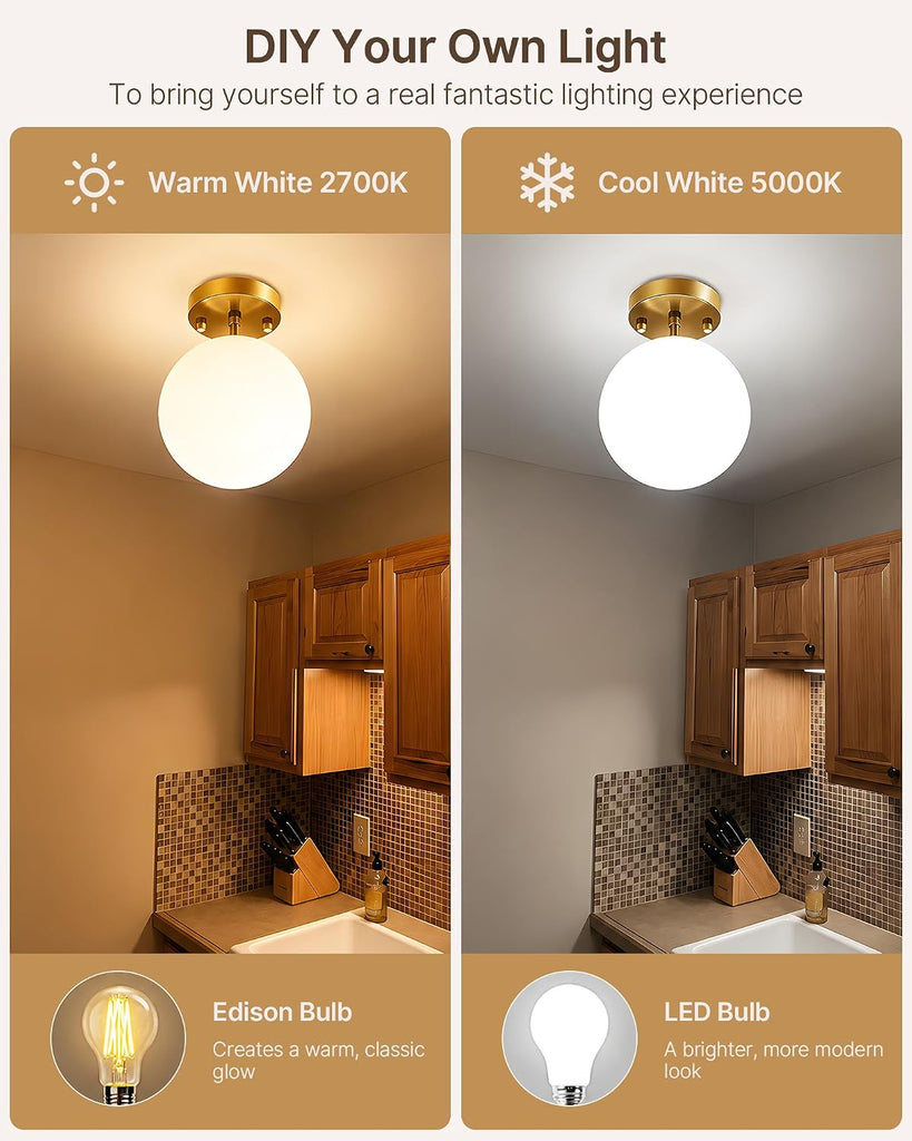 Semi Flush Mount Ceiling Light 8" Globe Mid Century Modern Light Fixture Milk Glass with Gold Brass Finish Light