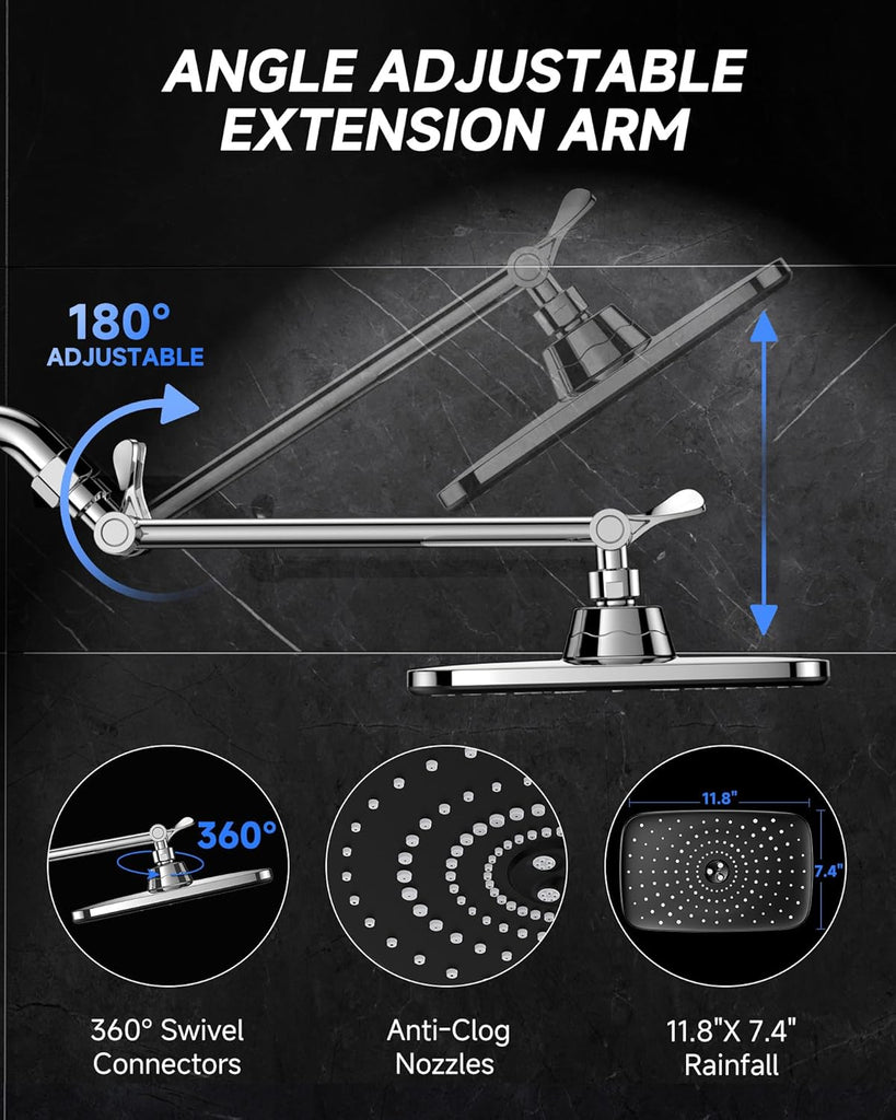 11.8" Rain Shower Head, Rectangular Rainfall Showerhead with 11" Stainless Steel Exension Arm