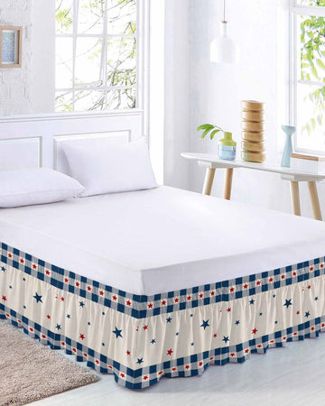 Blue Red Stars Bed Skirt 16 Inch Drop, Adjustable & Elastic Wrap Around Bed Skirts Pleated Luxury Dust