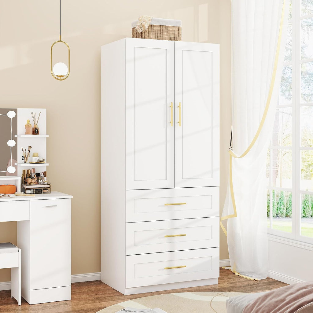 White Armoires Wardrobes Closet:Bedroom Armoire Wardrobe Closet with Hanging Rod, Modern Wardrobe Cabinet with