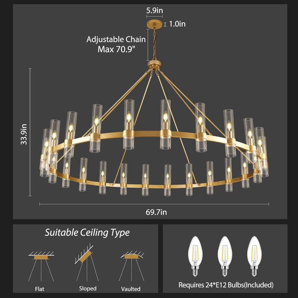 Inspired Ravelle Style Gold Wagon Wheel Chandelier, 70 Inch Glass Chandeliers, 24 Light Chandelier for High Ceiling, Modern Farmhouse Chandeliers for Living Room, Dining Room, Entryway, Stairwell (Bulbs Included)