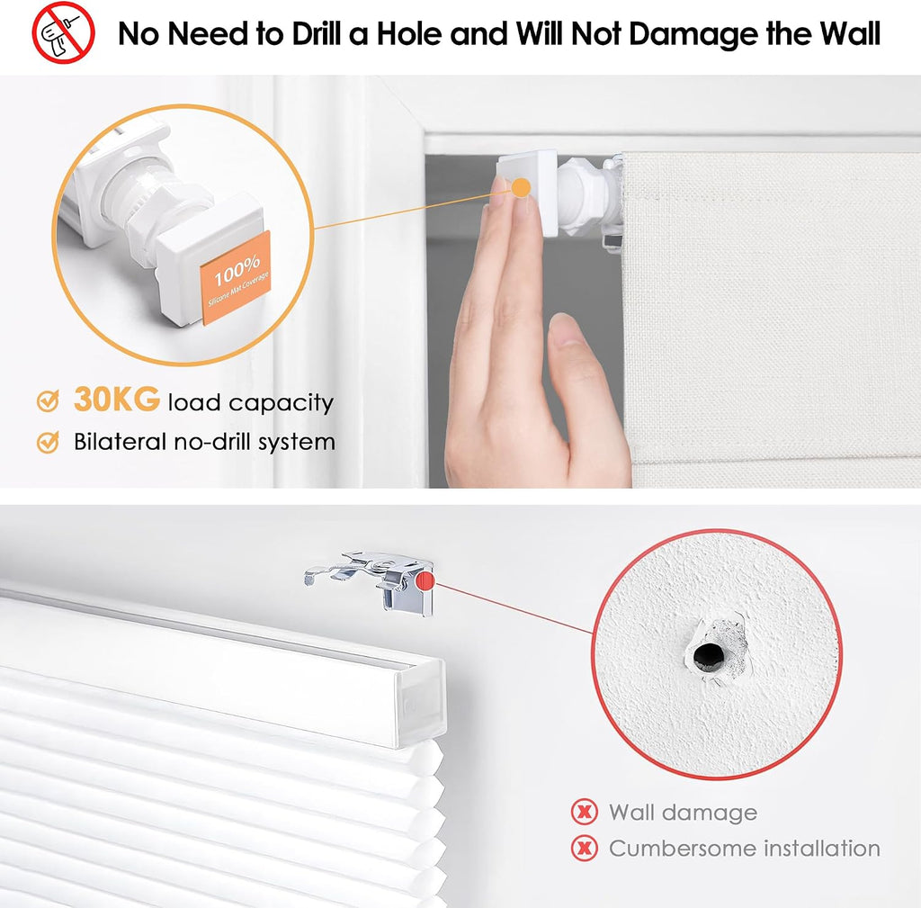 No Drill Cordless Roman Shades for Windows, 24" W x 60" H, White