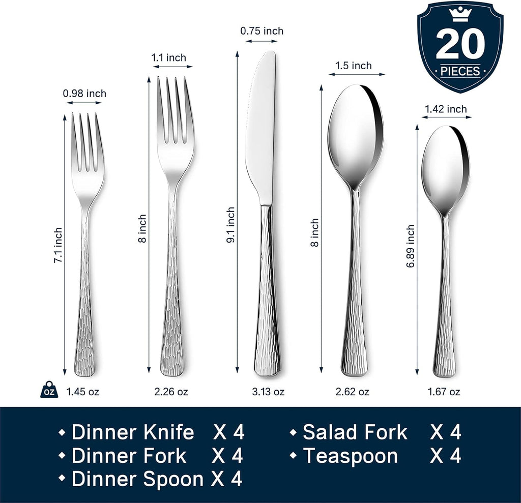 Hammered Silverware Set, 20-Piece Flatware Set