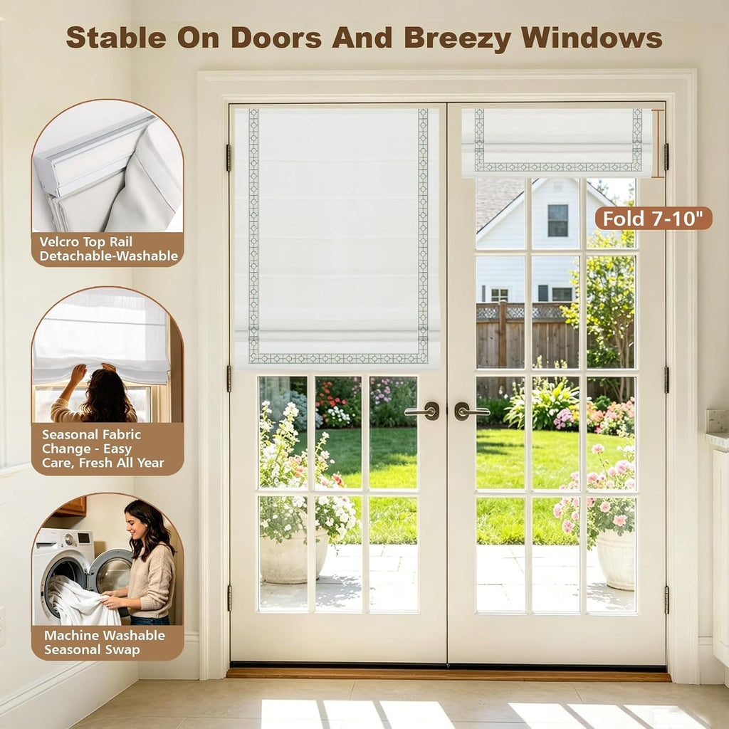 Cordless Roman Shades, Blackout Roman Shades, White Embroidered Blue Border Window Shades for Windows, Doors, Kitchen