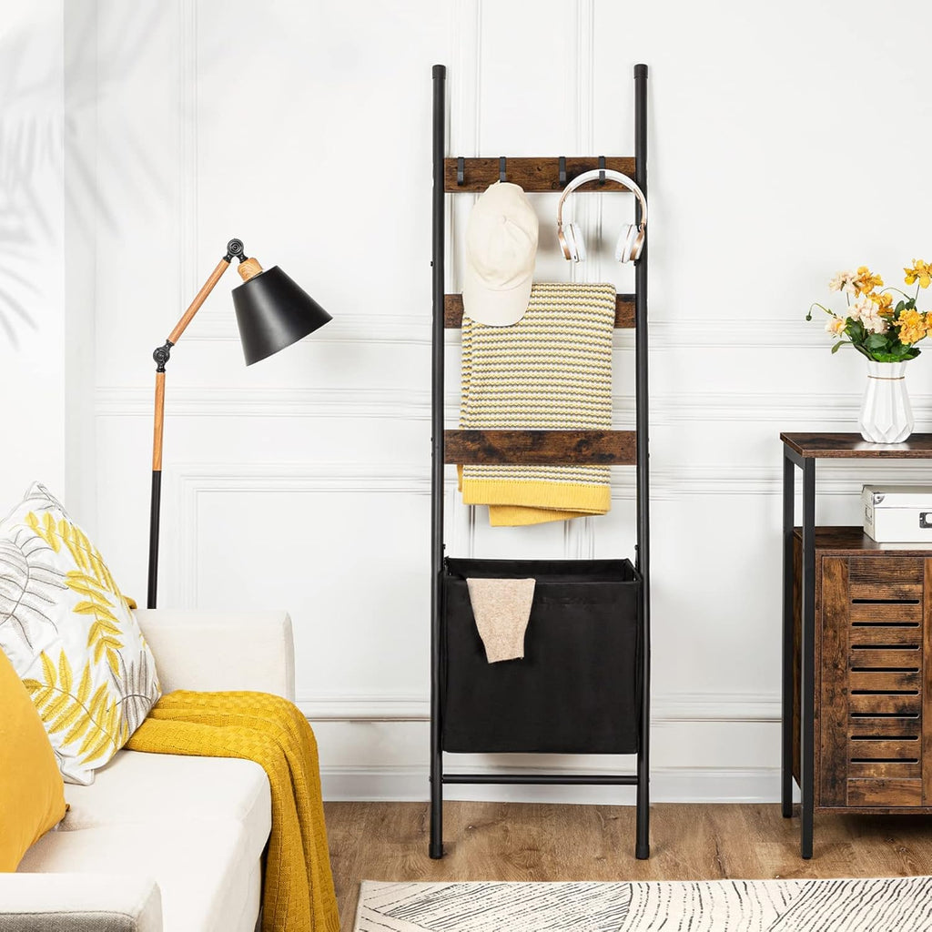 Blanket Ladder with Basket, 17.3"L x 63.4"H, Towel Rack with Hooks, Blanket Holder Rack, Decorative Ladder Shelf