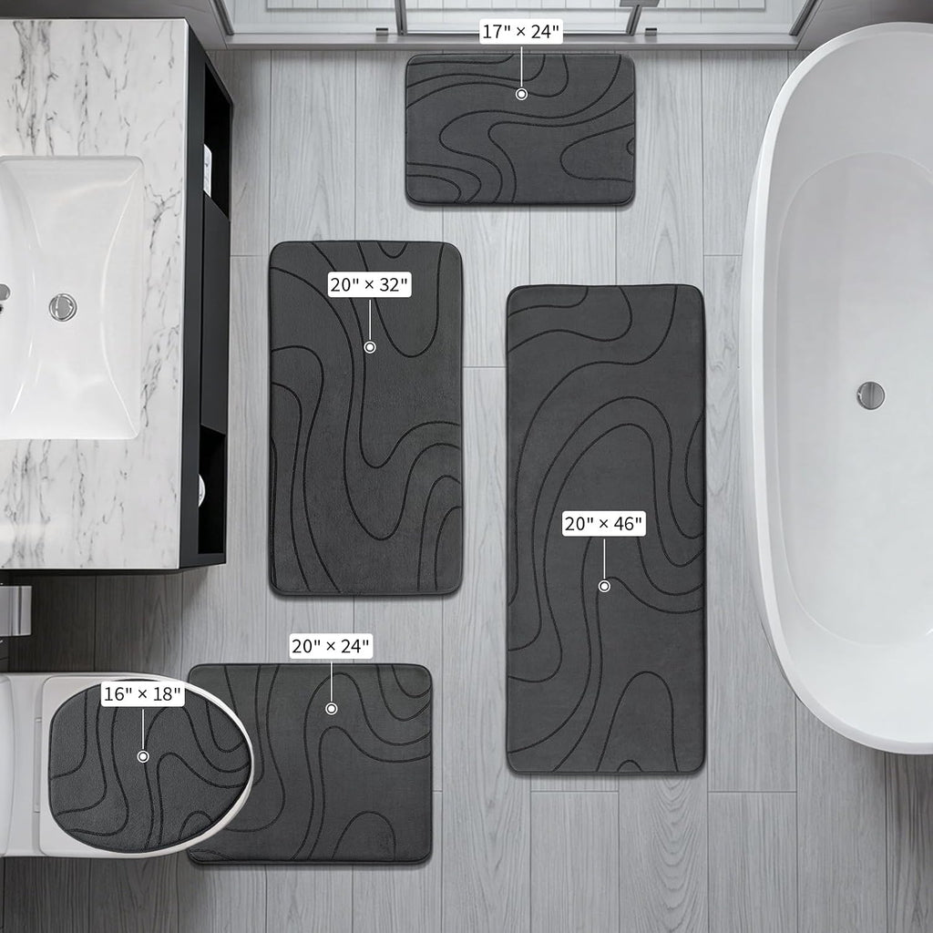 Bathroom Rugs Sets 5 Piece - Thick Memory Foam Bath Mat, Dark Grey | Ultra Soft, Extra Thick, Super Absorbent, Non
