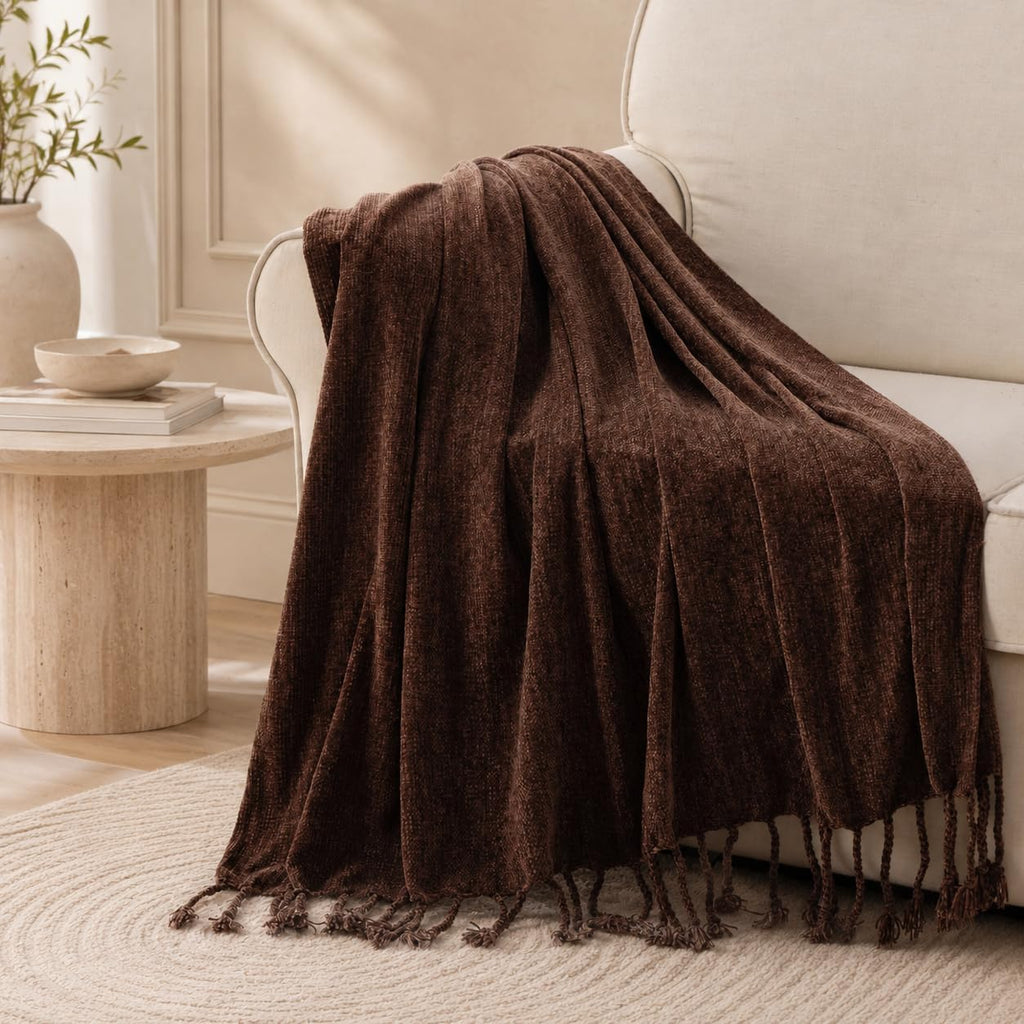 Brown Chenille Throw Blanket, Soft Cozy Textured Knit Throw Blanket with Handmade Fringe Tassels, Lightweight