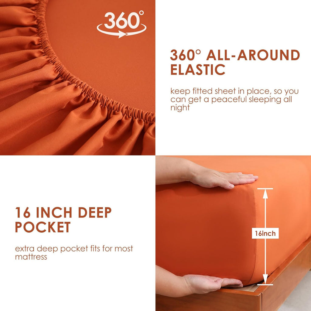 Orange Sheet Set with Side Storage Pocket, 4 Piece Soft Microfiber Bed Sheets Deep Pocket Corner Straps