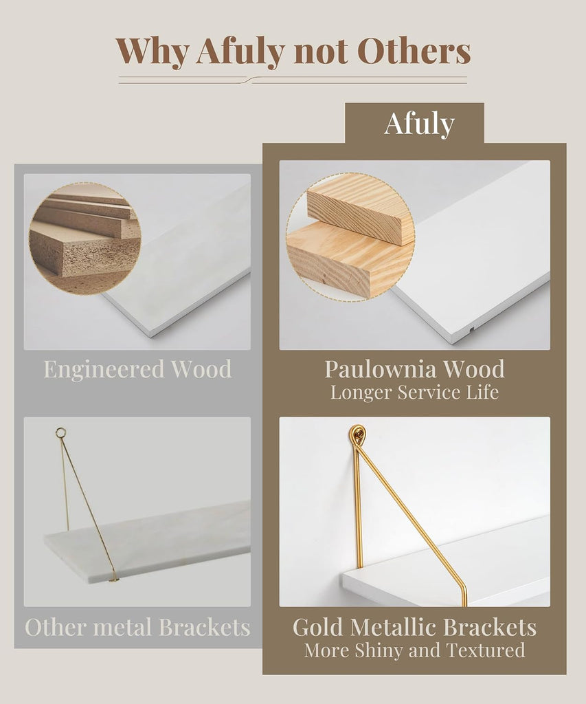 Floating Shelves for Wall, White and Gold Shelf, Display Wall Shelves | Hanging Bookshelf with Bracket, Solid Wood