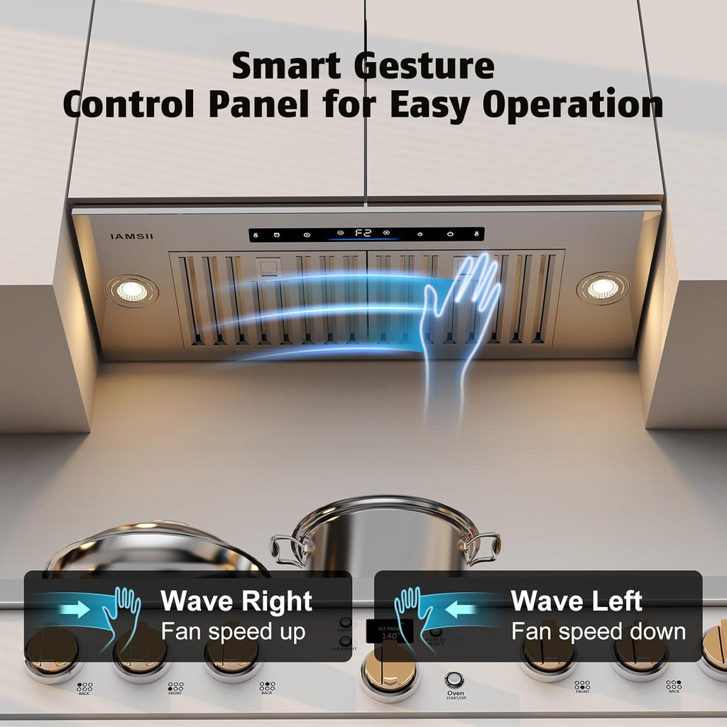 30 Inch Stainless Steel Range Hood Insert 900 CFM 4 Speed Gesture & Touch Control Convertible Ducted/Ductless