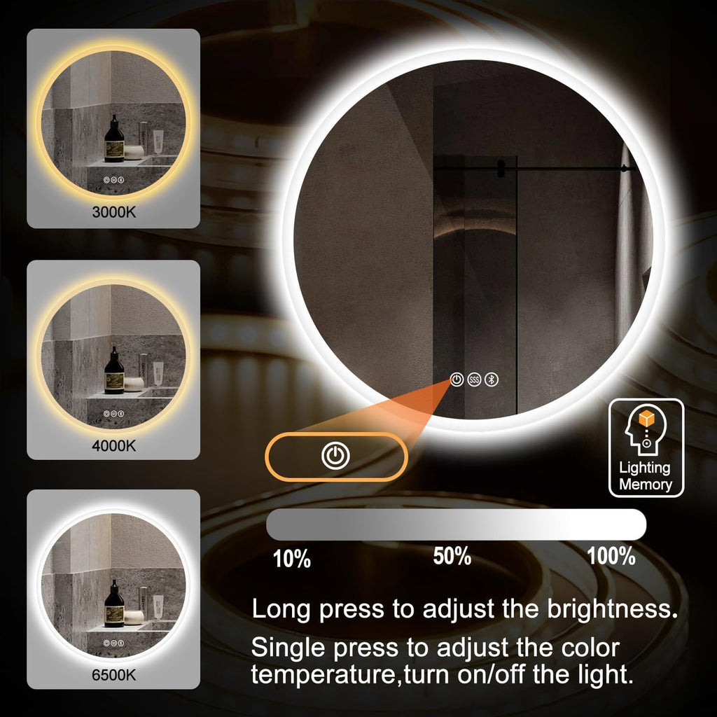 S·BAGNO 36’’ Round LED Bathroom Mirror with Lights, Backlit and Front Lighted, Anti-Fog Wall-Mounted Vanity