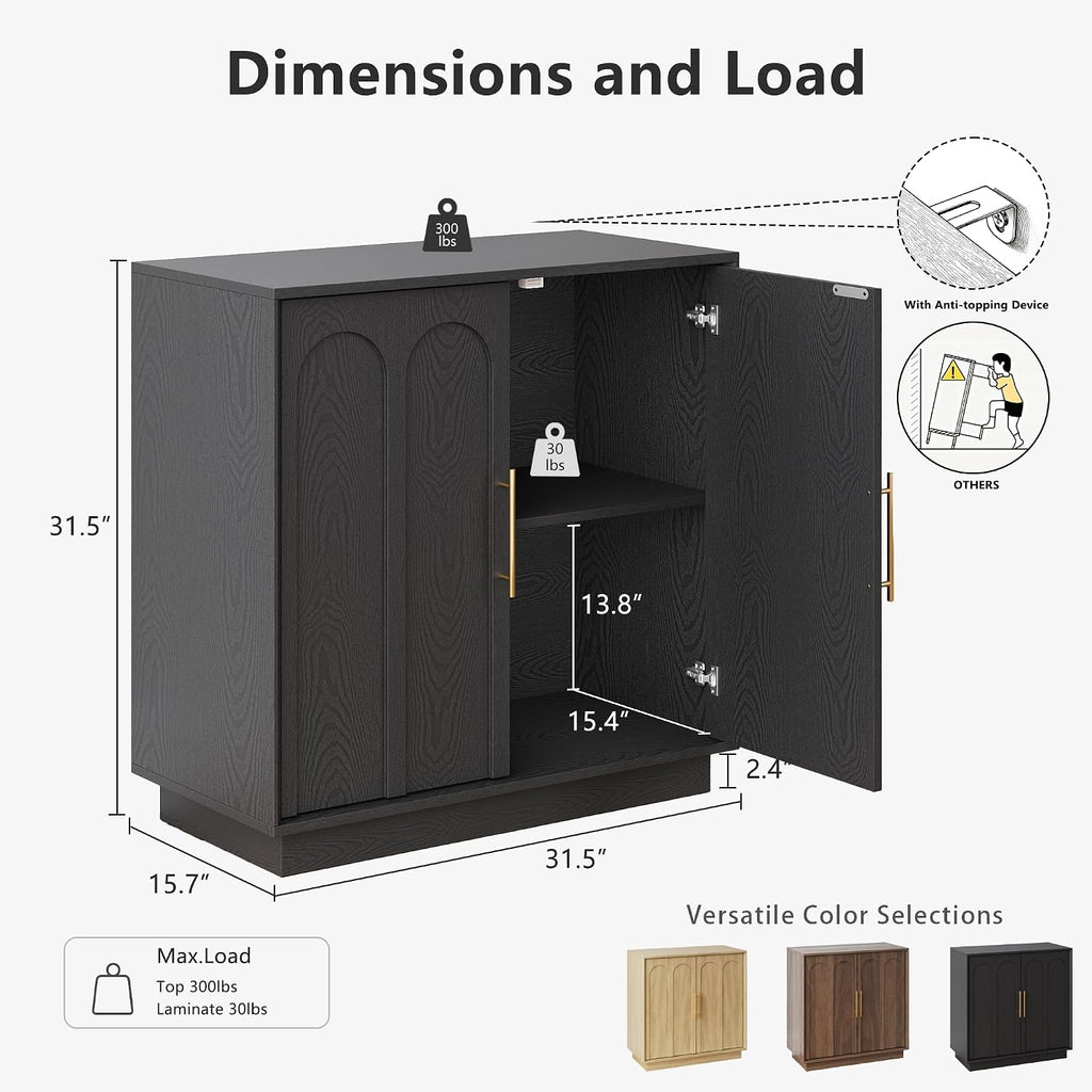 31.5" Modern Sideboard Buffet Cabinet with Storage, Black | Modular Media Console, Minimalist Credenza with Arched