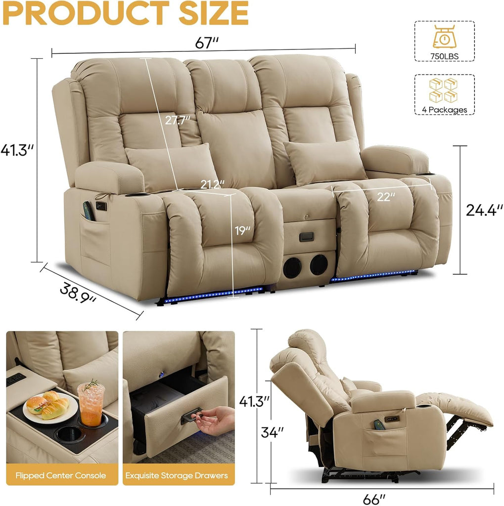 Power Loveseat Recliner Sofa with Flip-Up Backrest Console, Bluetooth Speakers, Drawer, AC Outlet, LED Light
