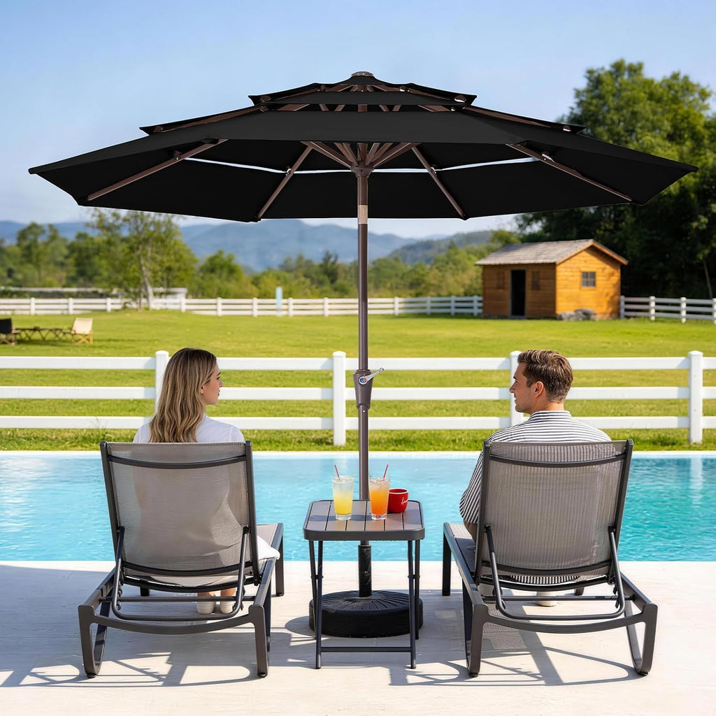 9FT 3 Tier Patio Umbrella Outdoor Market Umbrella Table Umbrellas with 8 Ribs 1.5 Pole Push Button Tilt and Crank UV - B