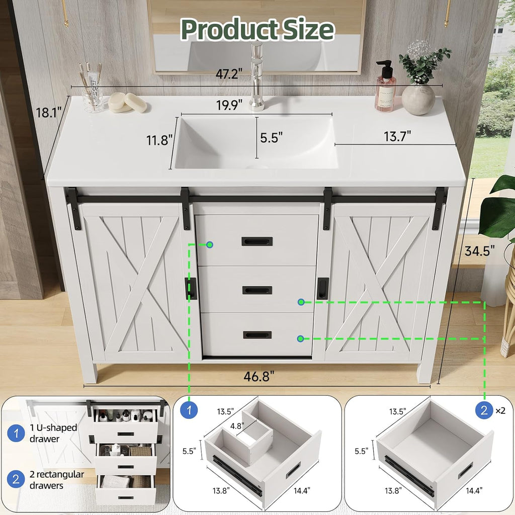 47.2 Inch Bathroom Vanity with Sink Combo, Farmhouse Sliding Barn Door Bathroom Vanity Cabinet
