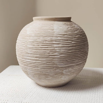 Rustic Farmhouse Vase Home Decor - 6 in Ceramic Boho Decorative Vase for Decor, Round Clay Whitewashed Terracotta