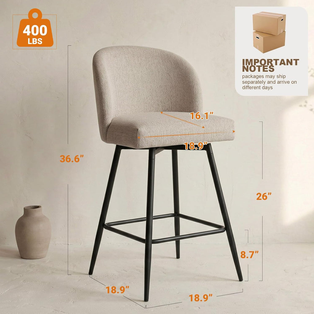 Counter Height Bar Stools Set of 2, 360° Swivel Upholstered Barstools with Backs and Metal Legs, 26" H Seat Height