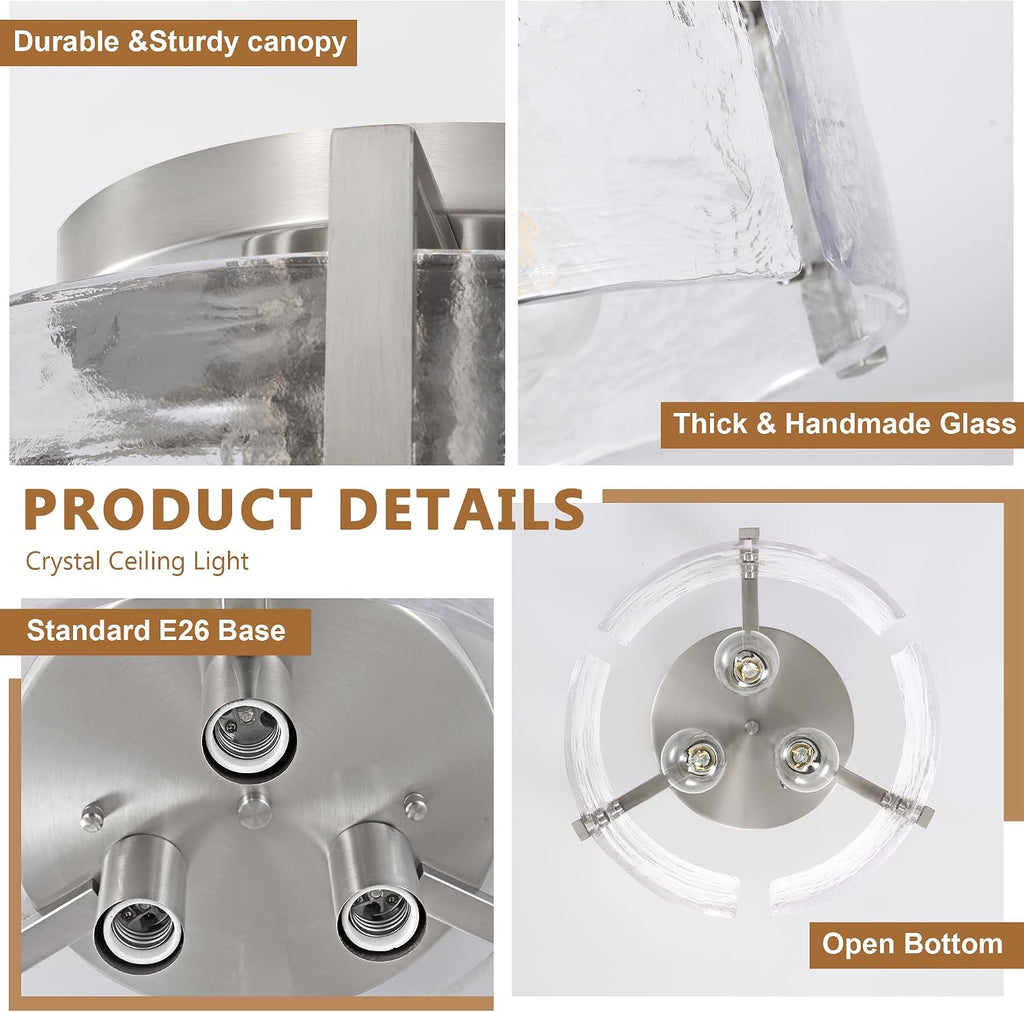 14" Modern Semi Flush Mount Ceiling Light, Brushed Nickel 3-Light Fixture with Glass Drum, Dimmable Hallway Lighting