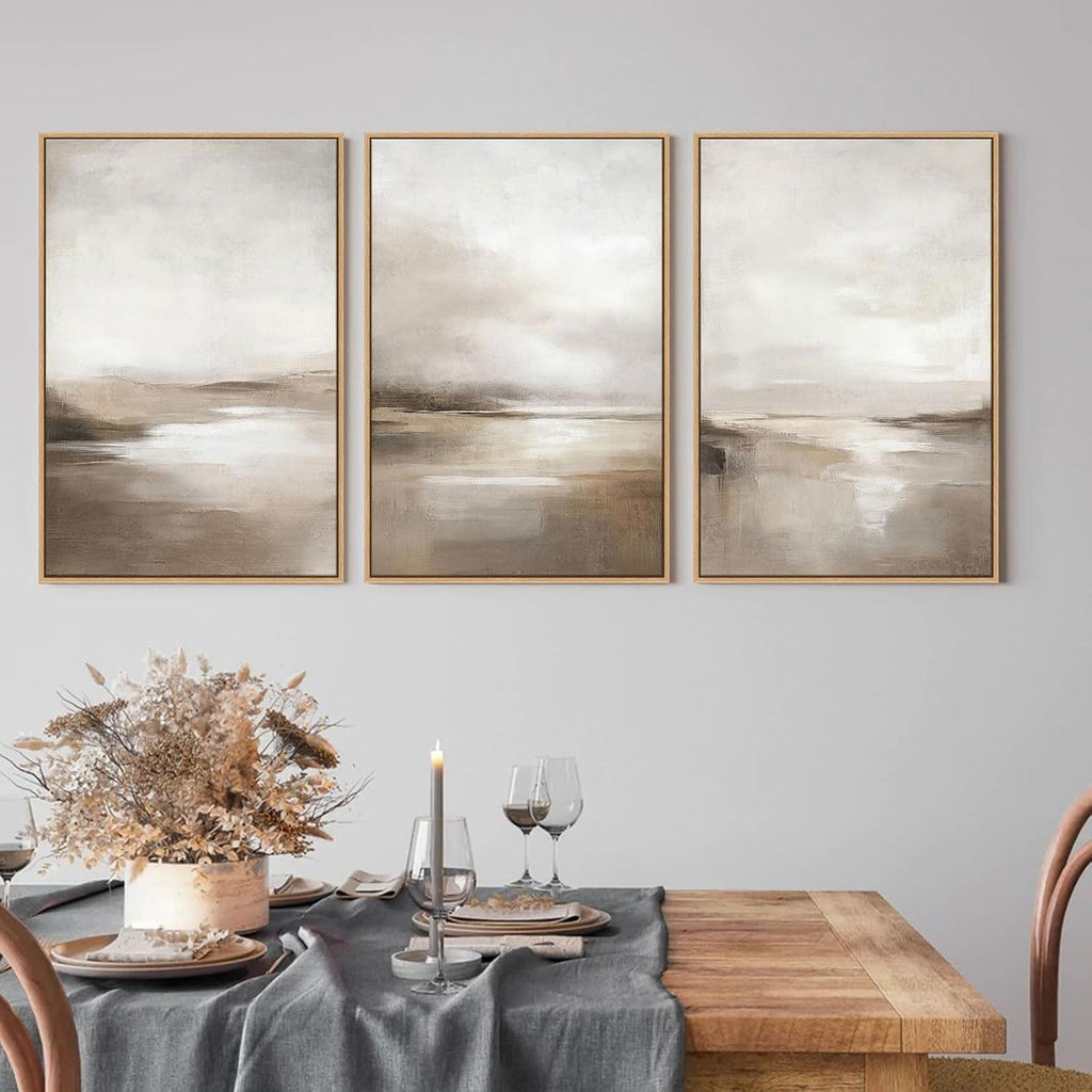 Neutral Abstract Framed Wall Art - Minimalist Modern Nordic Calm Canvas Print Set, Landscape Shapes Earth Tone