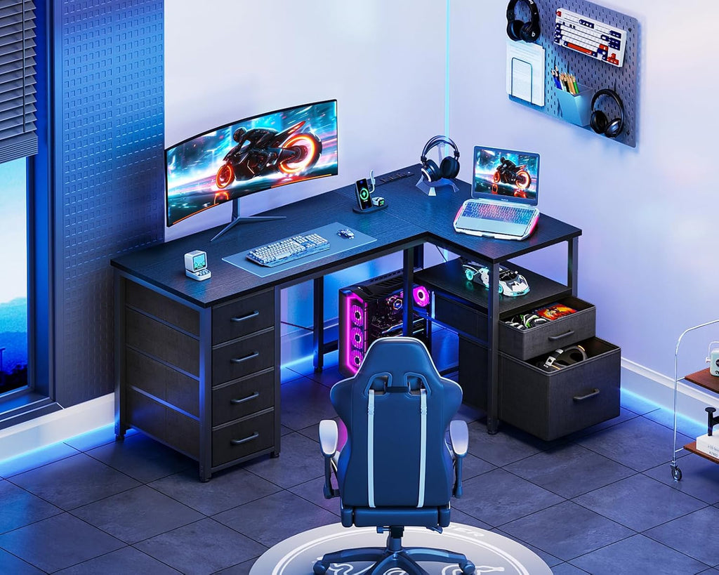 L Shaped Computer Desk with 6 Drawers & Power Outlet, 55 Inch Corner Desk with Reversible Storage Shelf & File Drawer