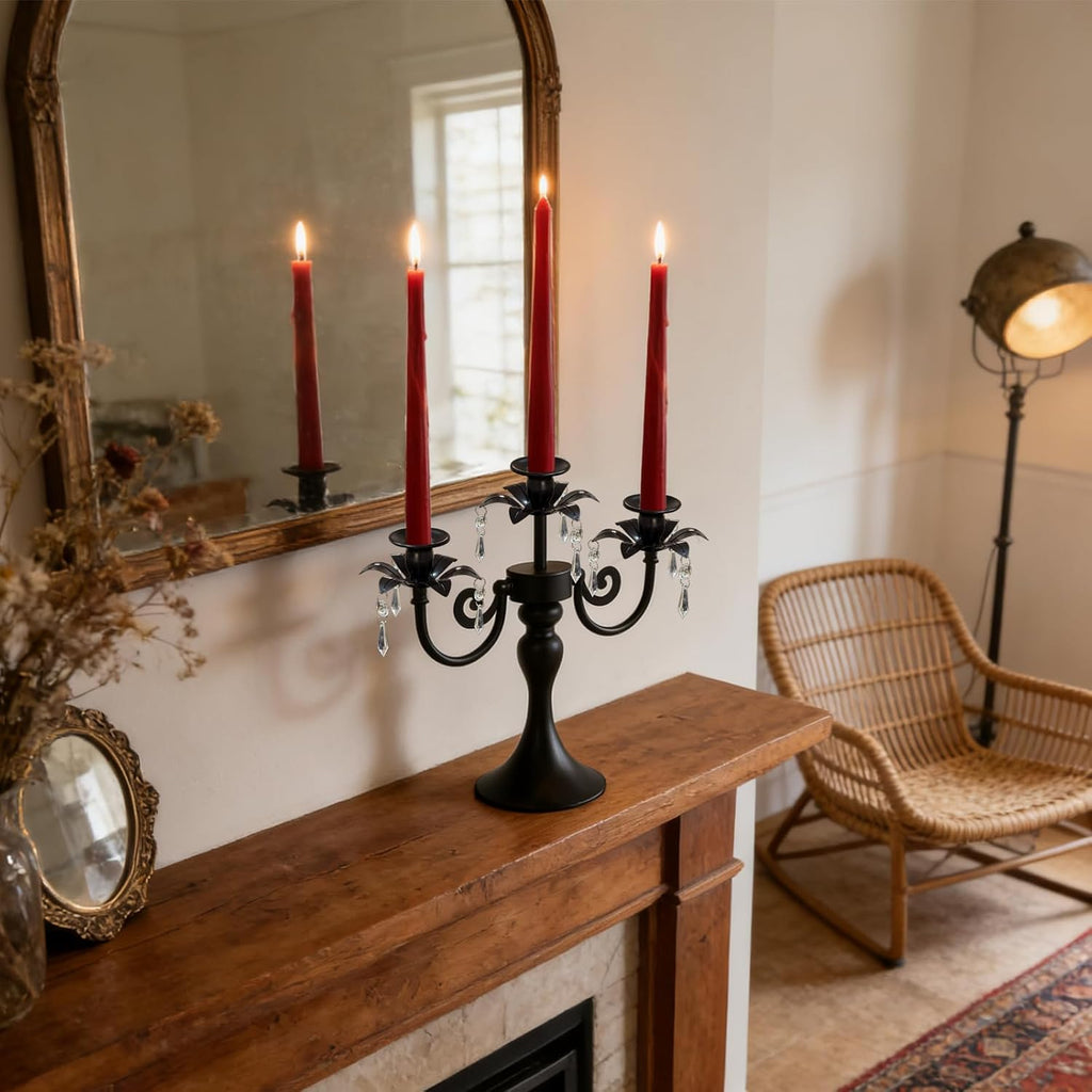 Metal 3 Arm Candelabra with Crystal Pendants - 11.8 Inch Tall Candle Holders, Set of 2 - Elegant Taper Candlestick