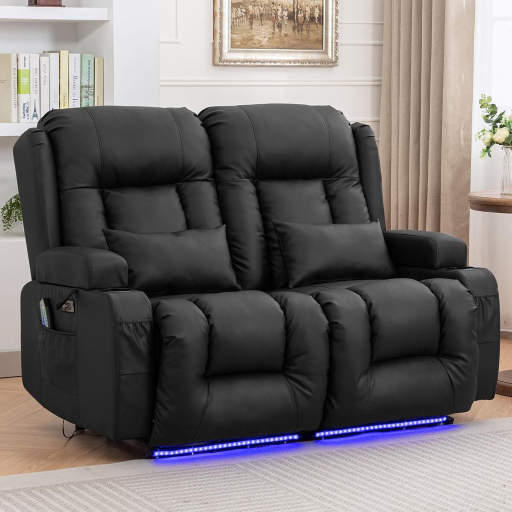 54" Power Loveseat Recliner Sofa, Electric Home Theater Seating with Massage Heat/4 Colors Ambient Lights/USB