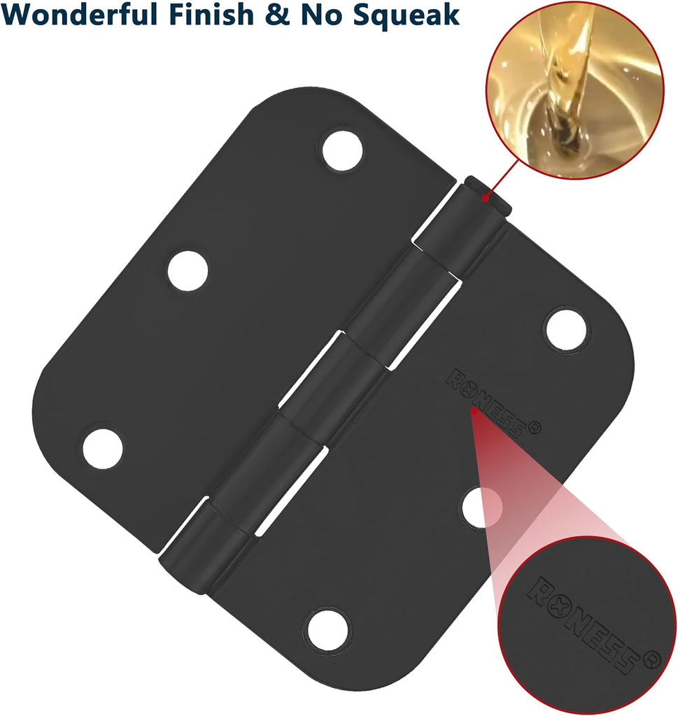 9 Pack Matte Black Door Hinges 3.5 Inch, 5/8" Radius Rounded, Standard Residential for Doors 3 ½",Sturdy Hinges