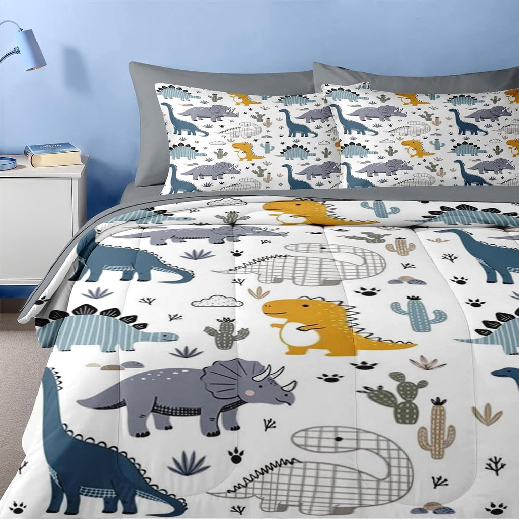 7 Pcs Comforter Set, Cute Dinosaur Dino Bedding for Kids Teen, Blue Yellow Dragon with Fitted Sheet 2