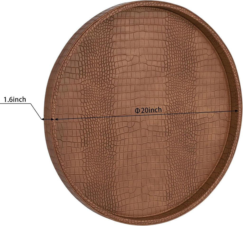 Round Serving Tray 20'', Elegant Faux Leather Circle Ottoman Table Tray, Serve Tea Coffee Breakfast Living Room