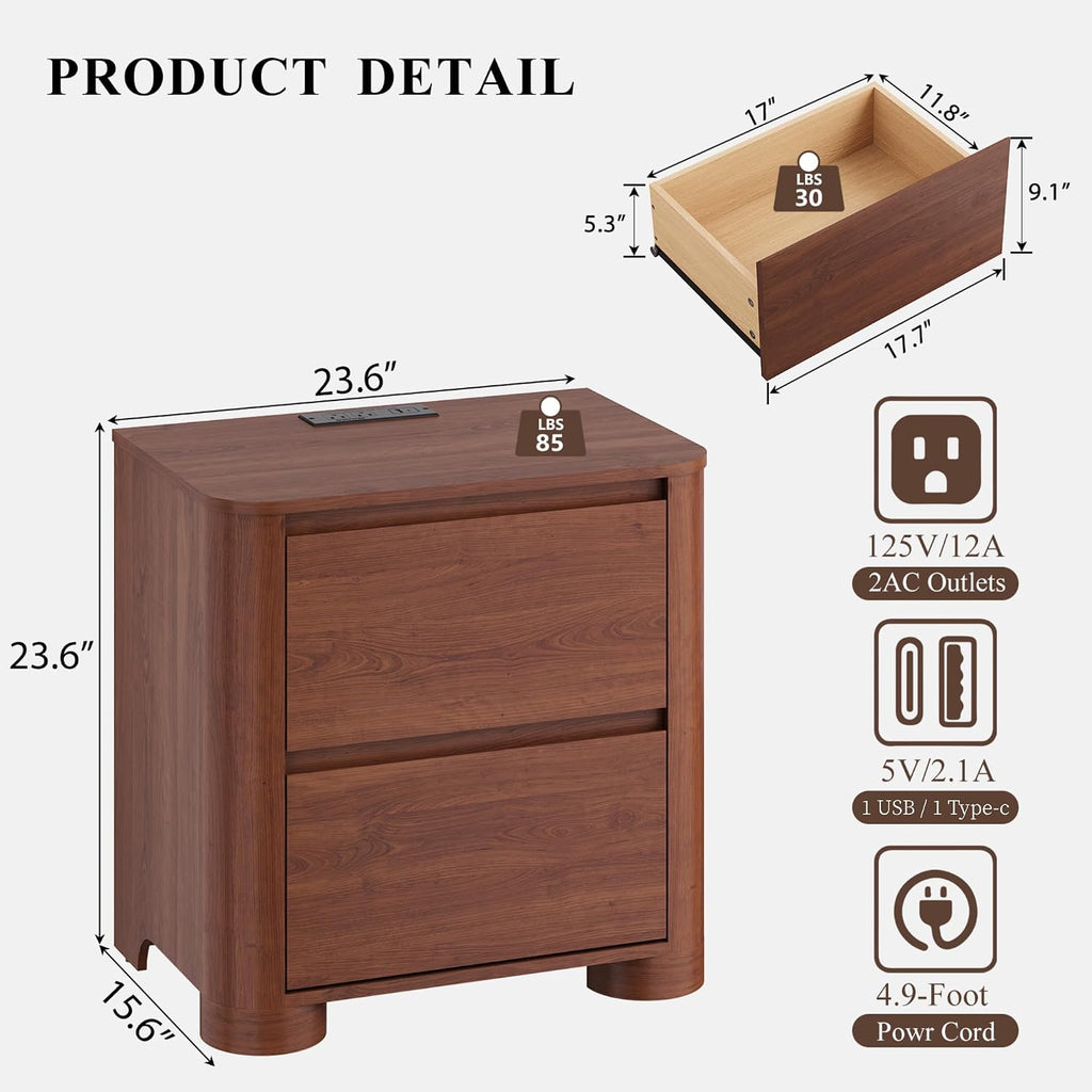 Walnut Nightstand with Charging Station, 23.6" Modern Night Stand with Unique Thickened Foot and 2 Storage Drawers