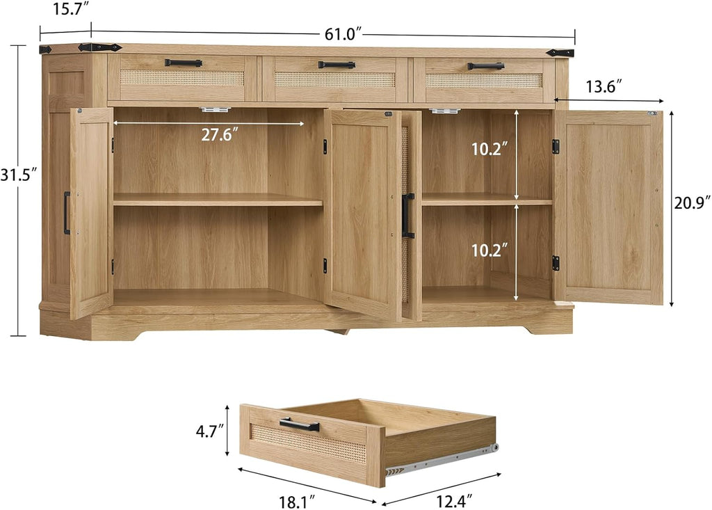 61” Large Buffet Cabinet with Storage, Sideboard Cabinet with 4 Doors and 3 Drawers, Farmhouse Buffet Table