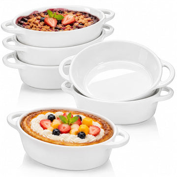 6-Pack Oval Porcelain, 10 Ounce Ceramic Creme Brulee Souffle Baking Ramekin Dishes Bowl with Double Handles