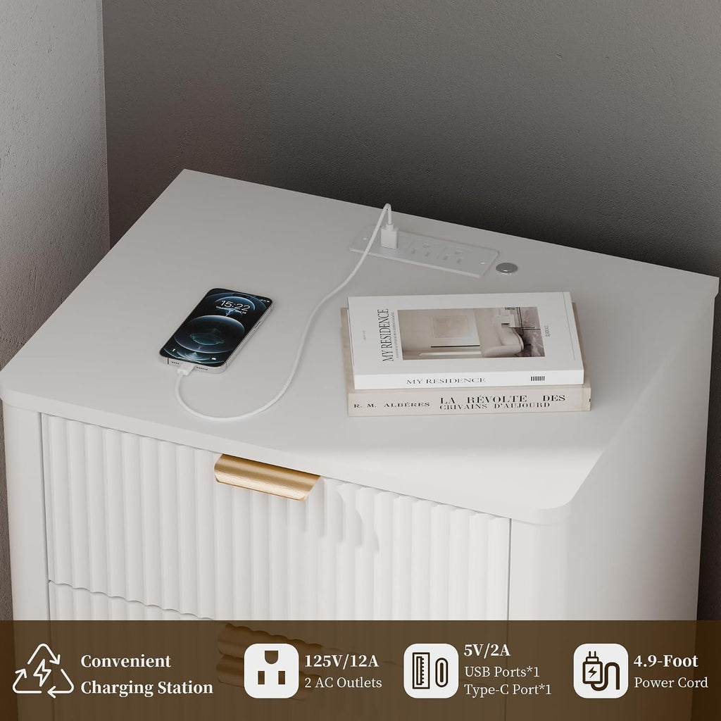 Led Fluted Nightstand, Smart Curved Night Stand with Charging Station Lighting, Wood End Table with 3 Drawers, Modern